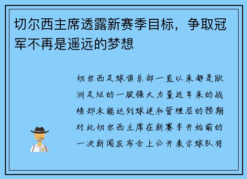 切尔西主席透露新赛季目标，争取冠军不再是遥远的梦想